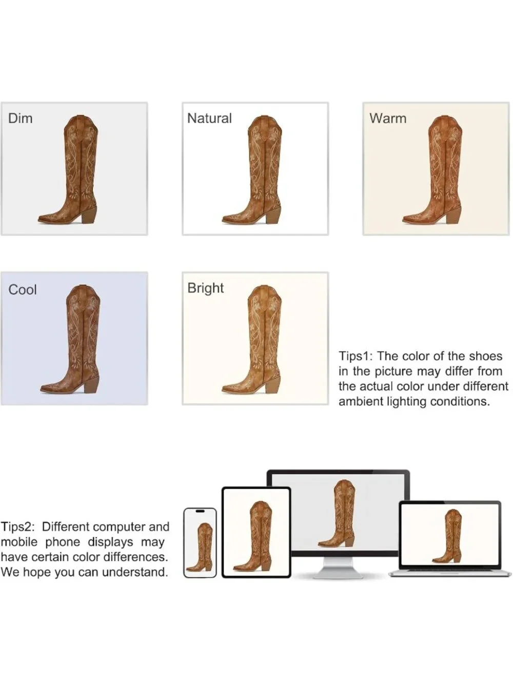 Women's Floral Brown Knee High Cowgirl Boots Embroidered Pointed Toe Chunky Heel